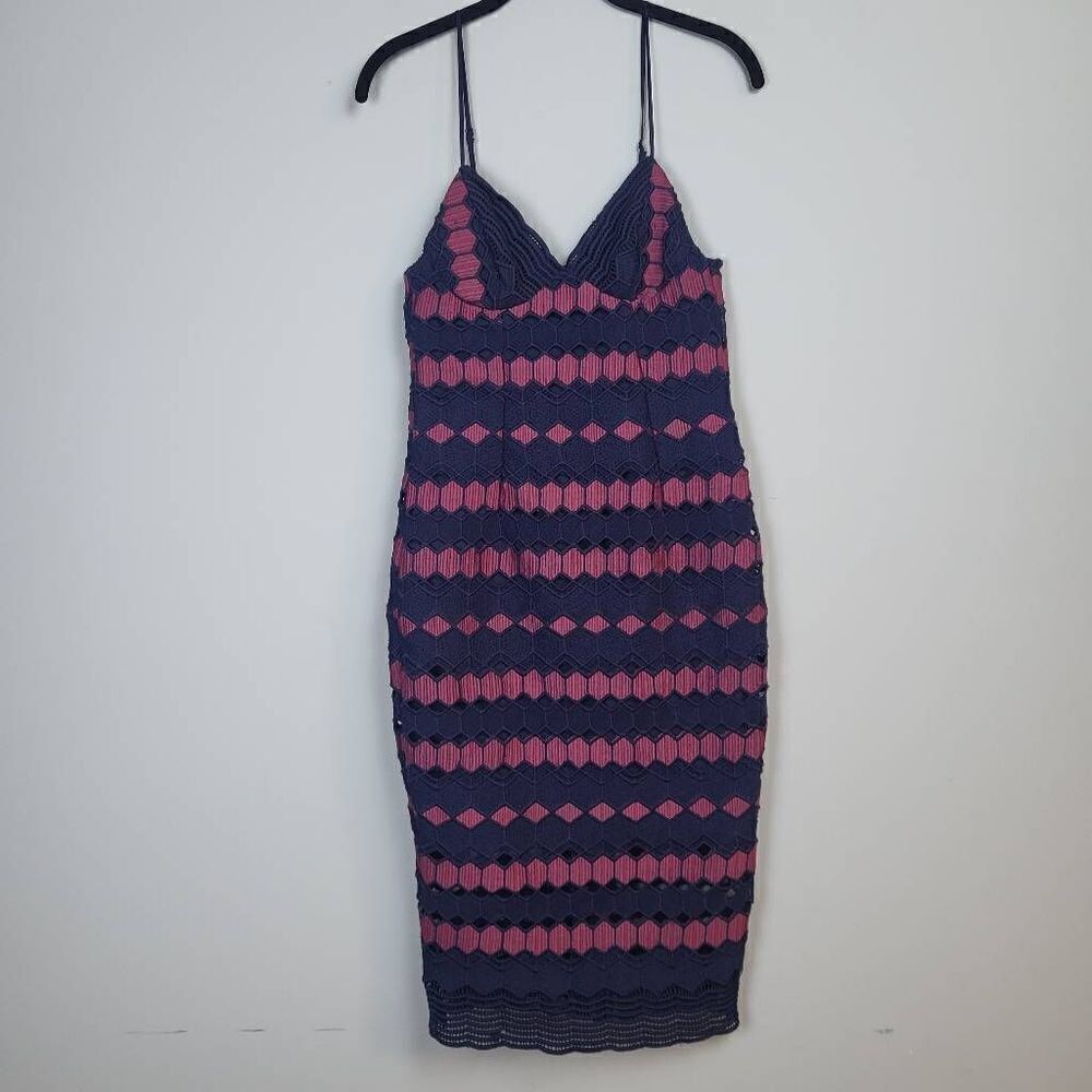 NWT Bardot Womens Size 4 XS Midi Pencil Dress Navy Blue Red Diamond Lace Bodycon